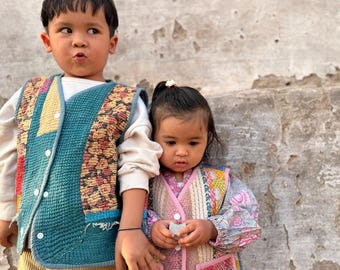 12-18M / 1-2Y Reversible Kids Sashiko Vest, Vintage Quilted Kantha Jacket