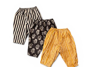 Kids Block Print Cotton Cropped Pants, Kids Harem trouser, Natural Dyed