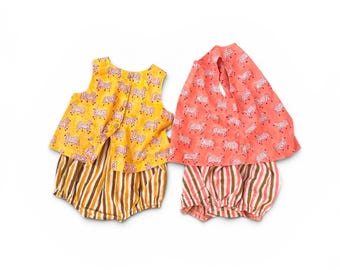 Katoenen set babymeisjes, top met dierenprint, gestreepte bloemenprint