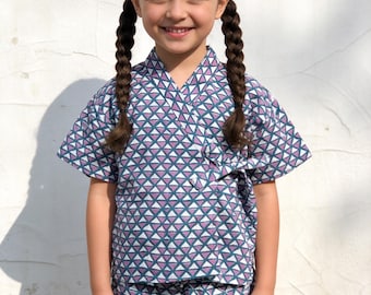 Jinbei japonais pour enfants, ensemble kimono, chemise et short pour enfants, imprimé main