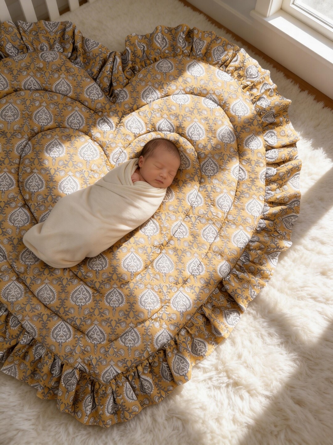 Heart Shaped Baby Play Mat, Vintage Blue Floral Ruffle, Padded Cotton ...