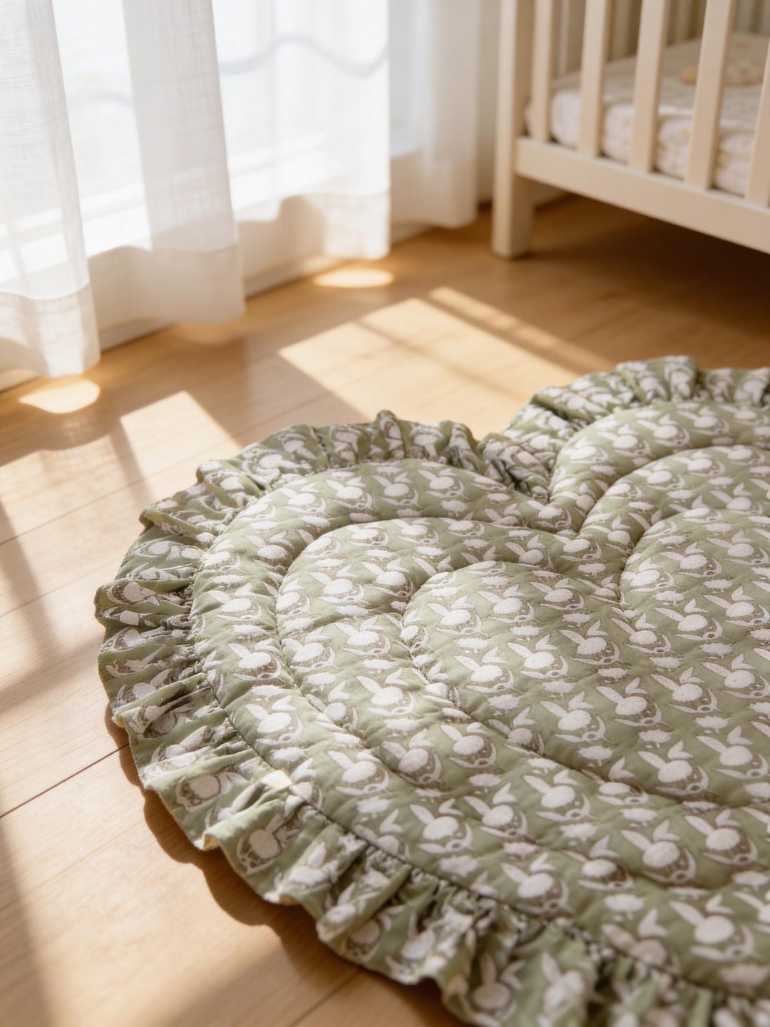 Hard Base Ruffle Mat Heart Shaped Baby Play Mat, Vintage Khaki Floral Ruffle, Padded Cotton ...