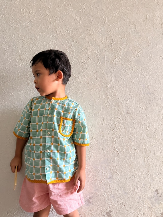 Boys Candy Check Cotton Shirt, Block Print Hand Dyed Kids Shirt, Toddler Boys Outfit