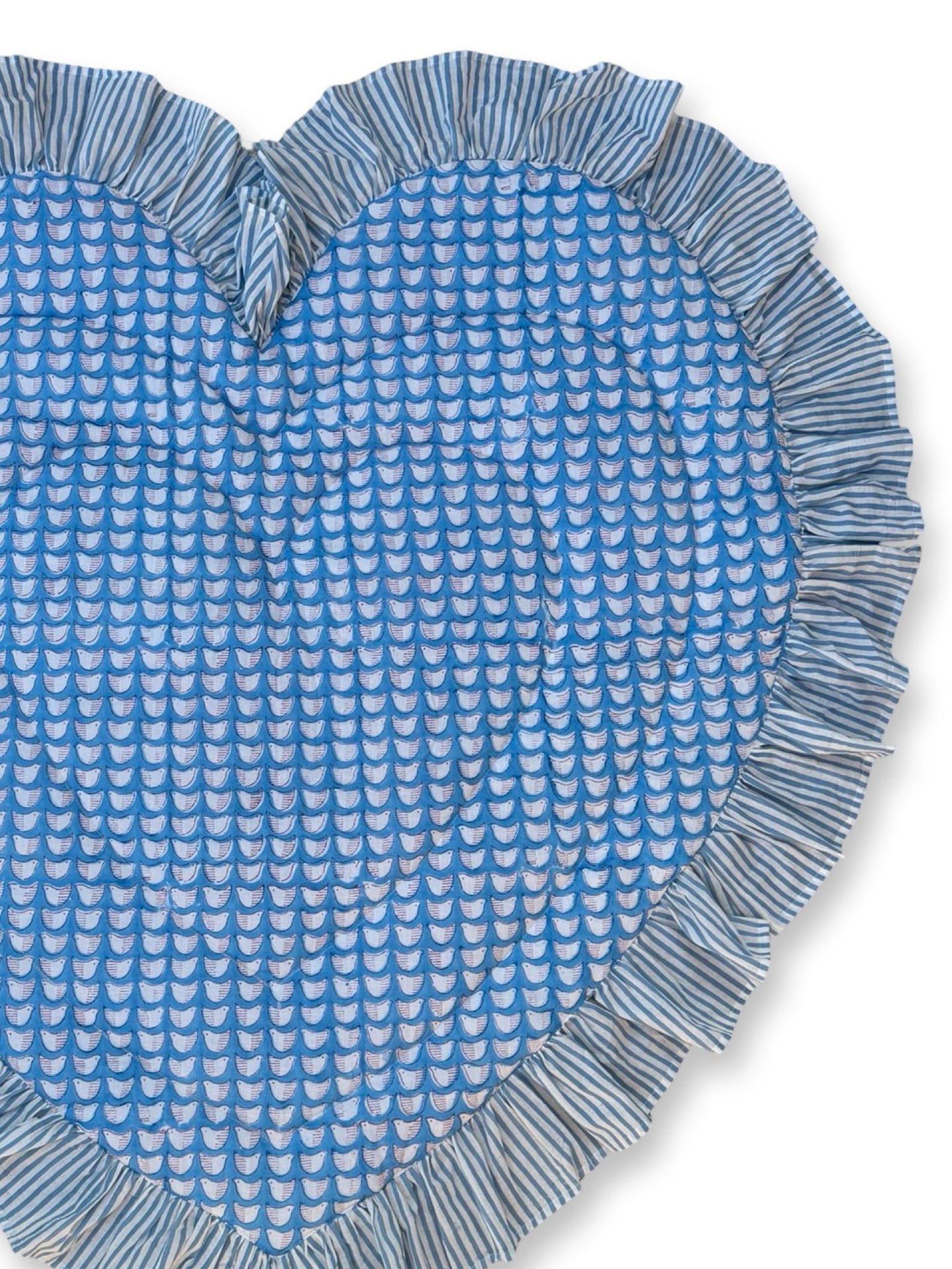 Hard Base Ruffle Mat Heart Shaped Baby Play Mat, Vintage Blue Floral Ruffle, Padded Cotton ...