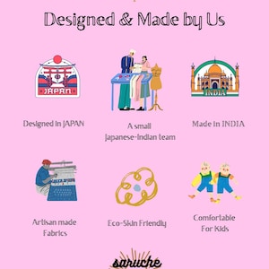 May include: A pink infographic titled Designed & Made by Us featuring illustrations of a Japanese torii gate, a team working at a table, the Taj Mahal, a person weaving fabric, a yellow flower icon, and two children, with the brand name saruche at the bottom.