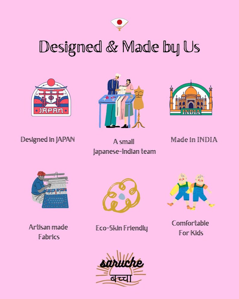 May include: A pink infographic titled Designed & Made by Us featuring illustrations of a Japanese torii gate, a team working at a table, the Taj Mahal, a person weaving fabric, a yellow flower icon, and two children, with the brand name saruche at the bottom.