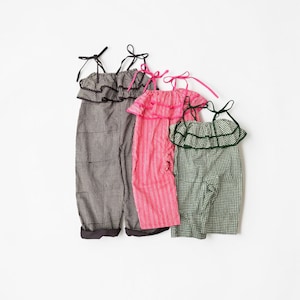 May include: Three sleeveless jumpsuits with ruffled necklines and tie-shoulder straps. The first is black and white gingham, the second is pink and white vertical stripes, and the third is dark green and white gingham with cuffed pant legs.