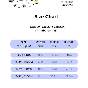May include: A size chart for a Candy Color Check Piping Shirt with a logo featuring a sun and waves. The table lists sizes from 1-2Y to 7-8Y, with corresponding width, sleeve, and length measurements in centimeters ranging from 36cm to 51.5cm.