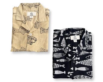 Hand Block Print Boys Cotton Shirt, Fish Design, Open Collar