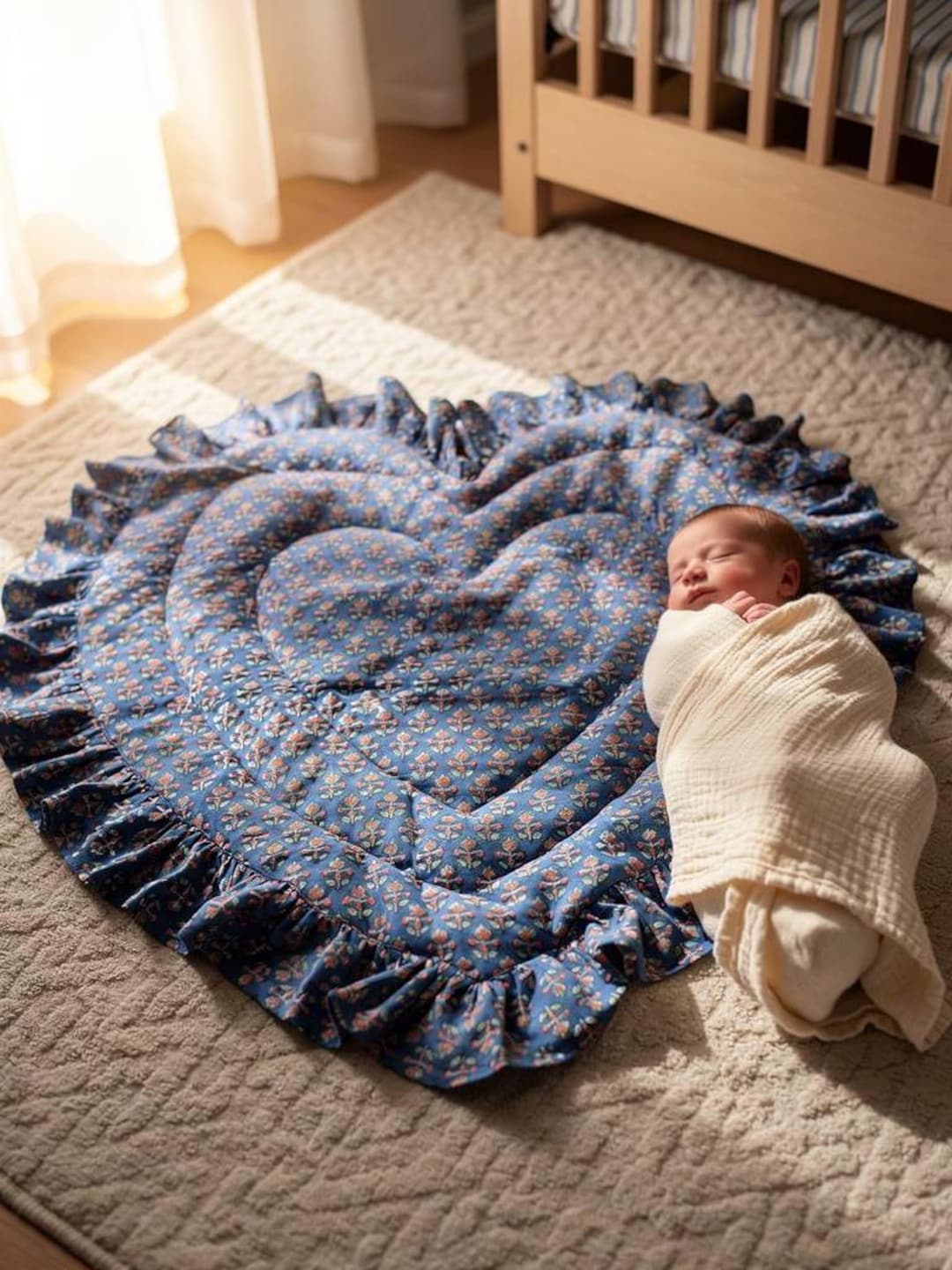 Heart Shaped Baby Play Mat, Vintage Blue Floral Ruffle, Padded Cotton ...