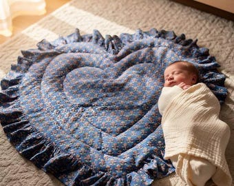 Heart Shaped Baby Play Mat, Vintage Blue Floral Ruffle, Padded Cotton