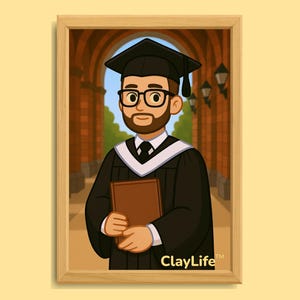 キャップとガウンの卒業式ポートレート、カスタム ClayLife™ 5x7 漫画スタイルのデジタルイラスト、卒業生や発表のための個人的な描画ギフト。