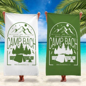 Custom Camp Bach Towel, Personalized Bachelorette Beach Towel, Camping Party Pool Towel, Bridal Trip Gift, Bride Towel, Bridesmaid Gifts