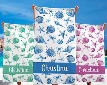 Serviette de plage avec nom personnalisé, serviette de piscine personnalisée EVJF, étoiles de mer coquillages, cadeau de demoiselle d'honneur, voyage de filles avec serviette de plage pour vacances