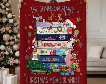 Couverture de films de Noël personnalisée, jeté de vacances rétro en famille amusant sur le thème du film classique des années 80 et 90, cadeau de Noël douillet pour une soirée cinéma