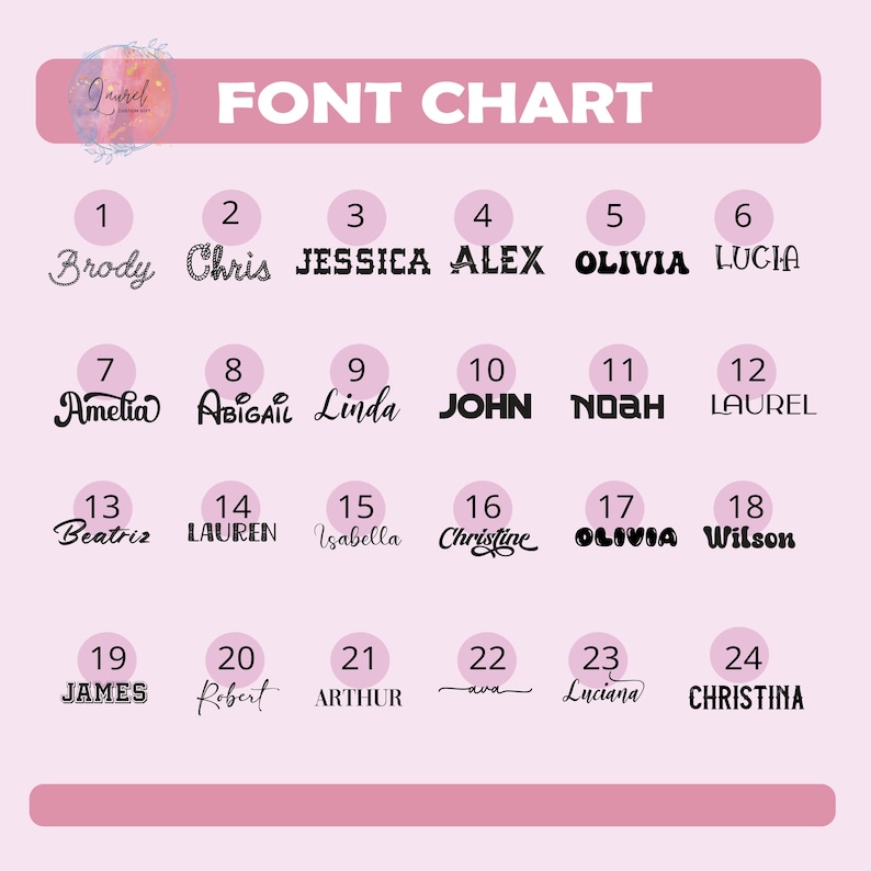 Peut inclure: Un tableau de polices de caract&egrave;res avec 24 styles de polices diff&eacute;rents, chacun pr&eacute;sentant un nom. Le tableau est sur un fond rose avec un en-t&ecirc;te rose indiquant "FONT CHART". Les polices varient en style, de la cursive &agrave; la gras, et incluent des noms comme Brody, Chris et Jessica.