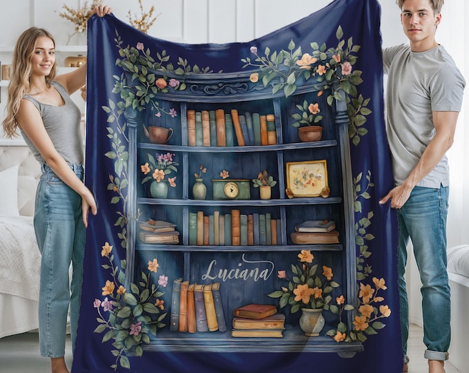 Custom Name Vintage Bookshelf Blanket, Boho Wildflowers Library Bookish Quilt, Cottagecore Flower Book Gift,Retro Book Lover Gift For Reader