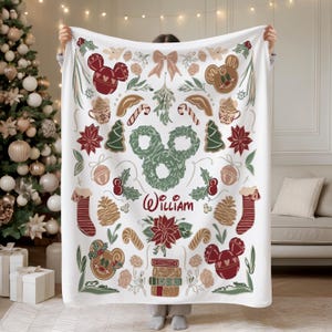Puede incluir: Manta blanca con tem&aacute;tica navide&ntilde;a con ilustraciones festivas. Presenta dise&ntilde;os en forma de Mickey Mouse, hombres de jengibre, bastones de caramelo y flores de pascua en rojo, verde y marr&oacute;n. El nombre "William" est&aacute; escrito en cursiva. Una acogedora manta navide&ntilde;a.