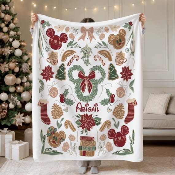 Personalized Mickey and Minnie Christmas Blanket, Custom Disney Kids Throw, Disney Birthday Gift, Disney Blanket Gift For Girl, Boy