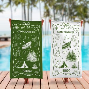Custom Camp Bach Towel Lake Theme, Personalized Bachelorette Towel, Camping Party Pool Towel, Bridal Trip Gift, Bride, Bridesmaid Gifts