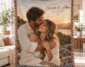 Custom Couple Photo Woven Blanket, Custom Wedding Blanket with Names & Date, Anniversary Gift for Couple, Woven Photo Throw, Wedding Gift