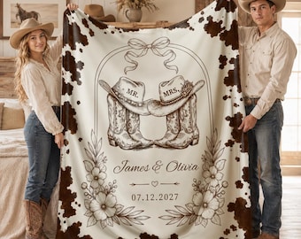 Couverture de mariage western personnalisée, couverture pour couple de cow-boys, jeté en peau de vache pour M. et Mme, cadeau d'anniversaire avec prénoms personnalisés, douche nuptiale rustique