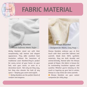 May include: Image showcasing two types of blankets: a white Minky blanket and a Sherpa blanket. The Minky blanket is described as soft and elegant, while the Sherpa blanket is designed for warmth and cozy hugs. Text highlights their features.