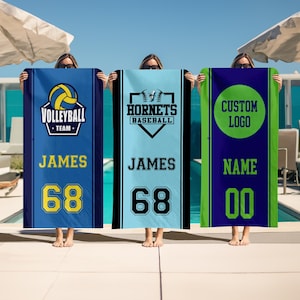 Custom Sports Team Logo Beach Towel, Personalized Baseball, Basketball, Football, Soccer, Volleyball School Sport Team Towel, Swim Teams