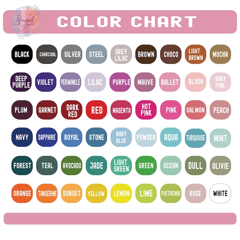 May include: A color chart with a pink header and footer, displaying a variety of color swatches. Each swatch is labeled with a color name, including shades of purple, pink, green, and orange. The text "COLOR CHART" is at the top.