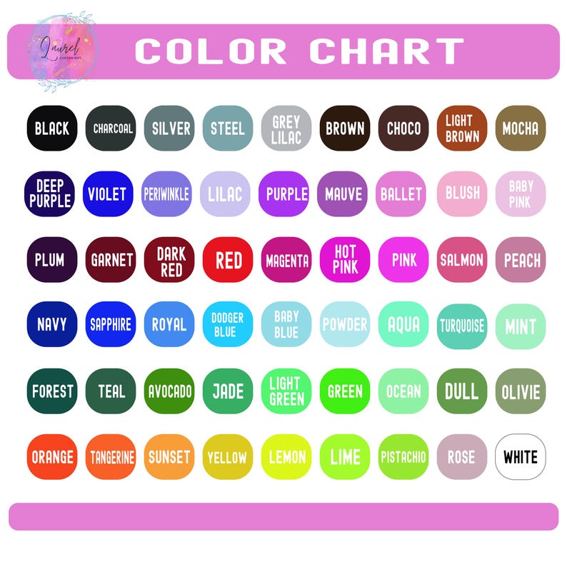 Puede incluir: Una carta de colores con un encabezado rosa y morado muestra una variedad de muestras de color. Cada muestra est&aacute; etiquetada con un nombre de color, incluyendo tonos de rosa, azul, verde y marr&oacute;n. La carta est&aacute; dise&ntilde;ada para la selecci&oacute;n de color.