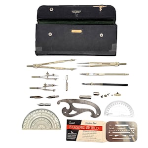 May include: A Dietzgen Scholar drafting set in a black case, including metal compasses, dividers, ruling pens, a French curve, two protractors, and a stainless steel erasing shield with original packaging labeled Erasing Shield for Architects.
