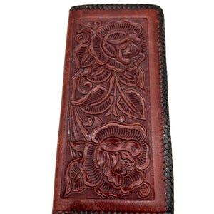Cartera vintage de cuero repujado, plegable, con diseño floral burdeos, ranura para identificación y cremallera, hecha a mano, estilo rodeo occidental.