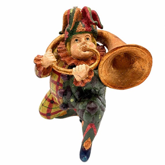 Casa Mikael Jester Horn Musician Ornament – Distressed Glittered Christmas Figure