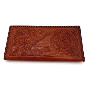 Vintage Tooled Leather Wallet – Aztec Mayan Calendar Design – Handmade Bifold w/ ID Slot & Zipper – Southwest Boho Style