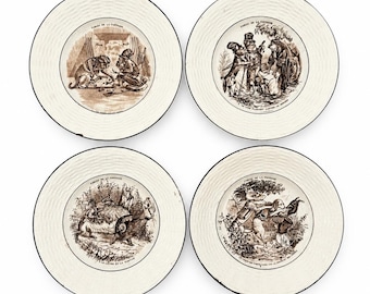 Platos Digoin Sarreguemines Fables de La Fontaine - Conjunto de 4 - Platos de postre de faience franceses antiguos