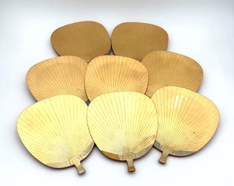 Platos de abanico japoneses lacados vintage – Juego de 8 platos dorados con forma de Uchiwa – Hechos en Japón (mediados de siglo)
