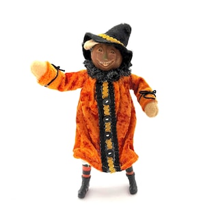 Vintage Halloween Pumpkin Head Witch Doll - Orange Velvet Primitive Folk Art Figure - 7.25 Inch