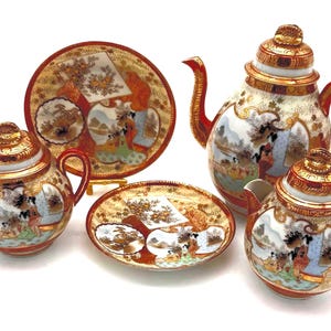 Juego de té japonés vintage estilo satsuma, porcelana geisha pintada a mano, juego de exhibición decorativo.