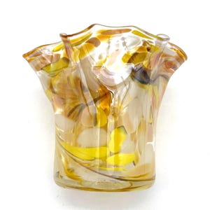 Hand-Blown Art Glass Vase: Ruffled Rim, Yellow Amber Cream Confetti