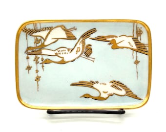 Antique P.L. Limoges France Bird Tray - Blue Porcelain Trinket Dish - Raised Gold Flying Birds - French Vanity Dish