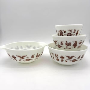 Vintage Pyrex Early American Mixing Bowl Set – 403, 402, 401 + 443 Cinderella – Brown on White – Complete 4-Piece Set