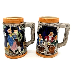 Vintage Japanese Ceramic Beer Steins – Bar Scene & Castle Motif – Set of 2 – Marked Japan – 6&quot; Tall