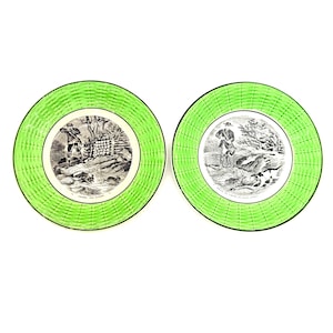 Pair of Antique French Sarreguemines Plates – Hunting Scenes “Chasse” Series, Green Basketweave Border, c.1900
