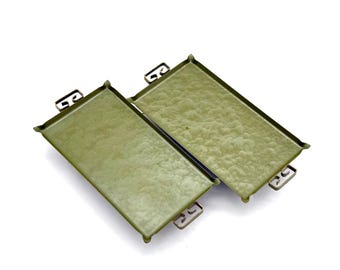 Vintage KYES Moiré Glaze Trays – Pasadena California Pottery – Green Ceramic Trays w/ Brass Handles – Set of 2