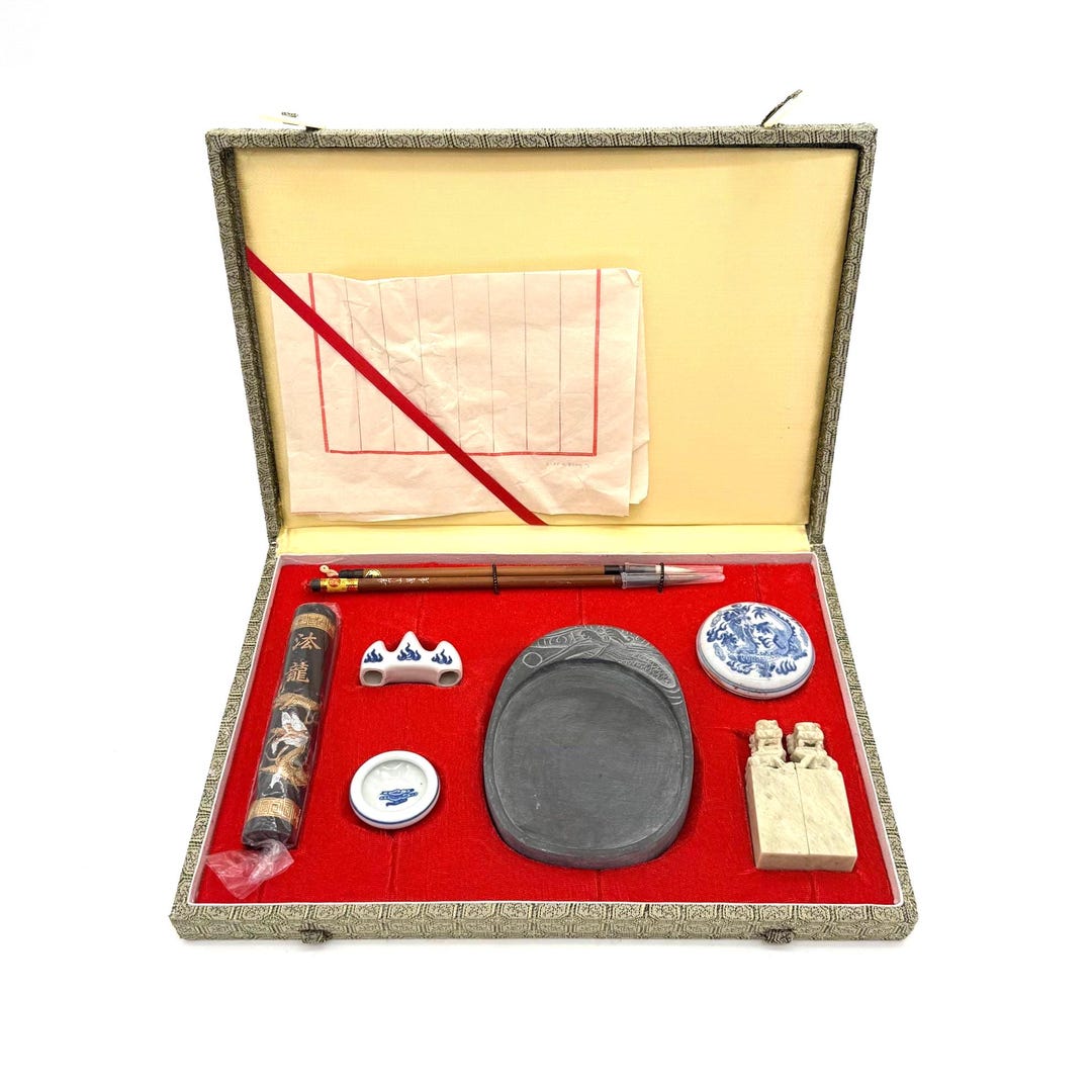 Vintage Chinese Calligraphy Set - Ink Stone Brush Ink Stick Seal Set ...