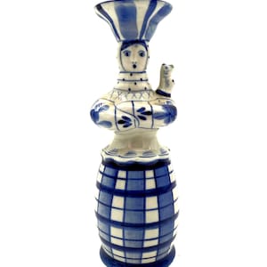 Gzhel Russian Porcelain Candlestick – 7&quot; Hand-Painted Blue & White Folk Woman with Cat – Traditional Ceramic Art