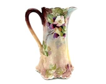 Haviland Limoges France Porcelain Pitcher – Hand Painted Grapevine Floral – Antique French Jug c1900