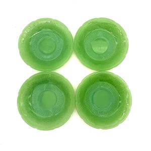 Vintage Fire-King Jadeite Alice Saucers – Set of 4 – 1940s Anchor Hocking Green Glass Floral Plates