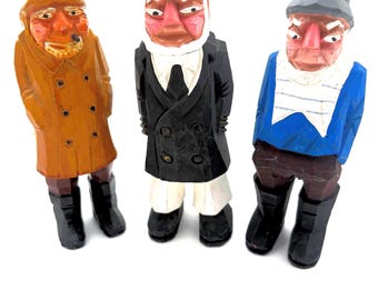 Vintage Handcrafted Wooden Sea Captains – Nautical Figurine Trio – 7.5" Tall – Rustic Maritime Decor