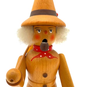 Vintage German Wooden Smoker Figurine – Handmade Räuchermann Pipe Smoker w/ Polka Dot Kerchief – 7&quot; Tall